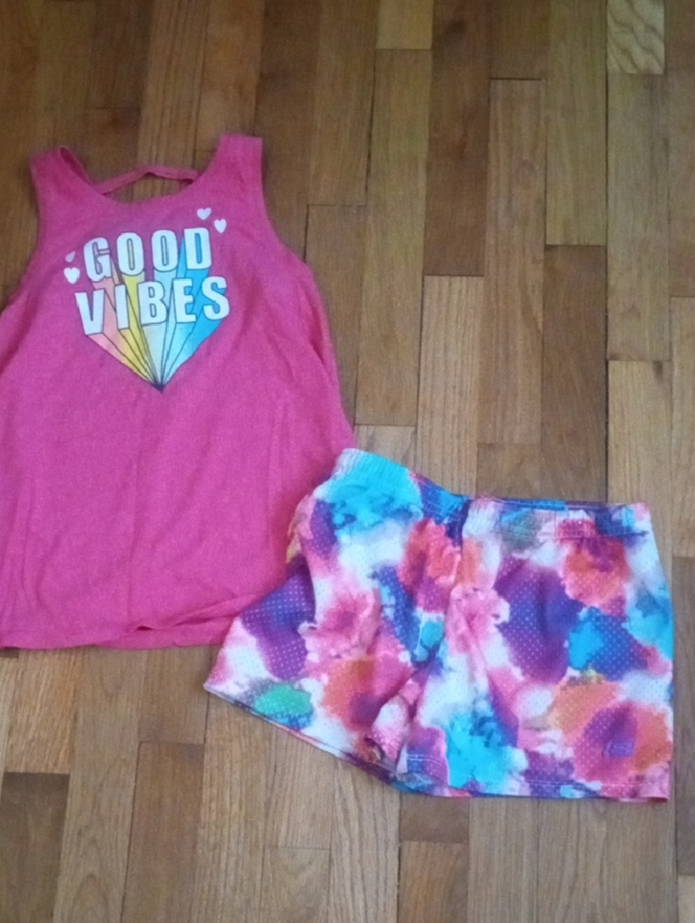 Pink 'Good Vibes' Tank with Multicolor shorts, girls large